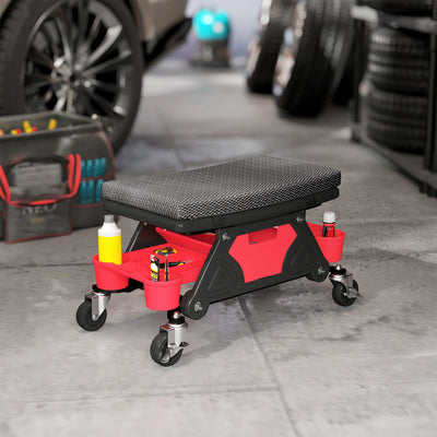 HOMCOM Rolling Mechanic Stool, 135kg Capacity Workshop Stool, 360° Swivel Roller Padded Creeper Seat with Wheels, Slide Out Tool Trays and Drawer for Garage, Shop, Auto Repair, Black 
