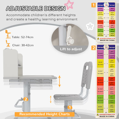 ZONEKIZ Height Adjustable Kids Study Table and Chair Set, with Drawer, Storage Shelf, 80 x 54.5 x 104 cm, Grey 