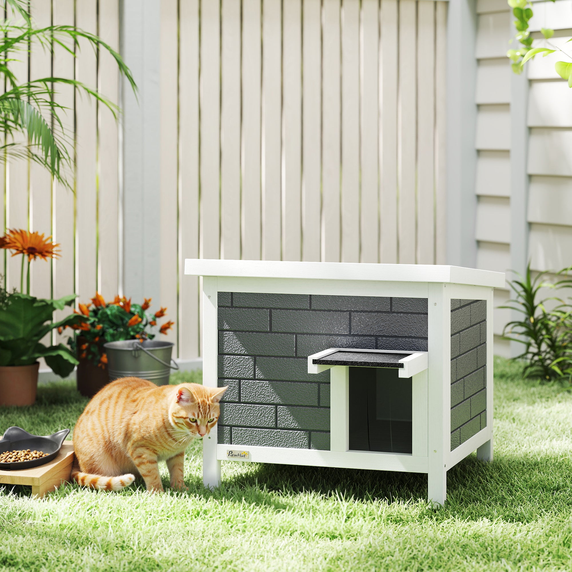 PawHut Outdoor Cat House Insulated with Openable Roof, Weatherproof Feral Cat Shelter for Rabbits, Cats, Grey 