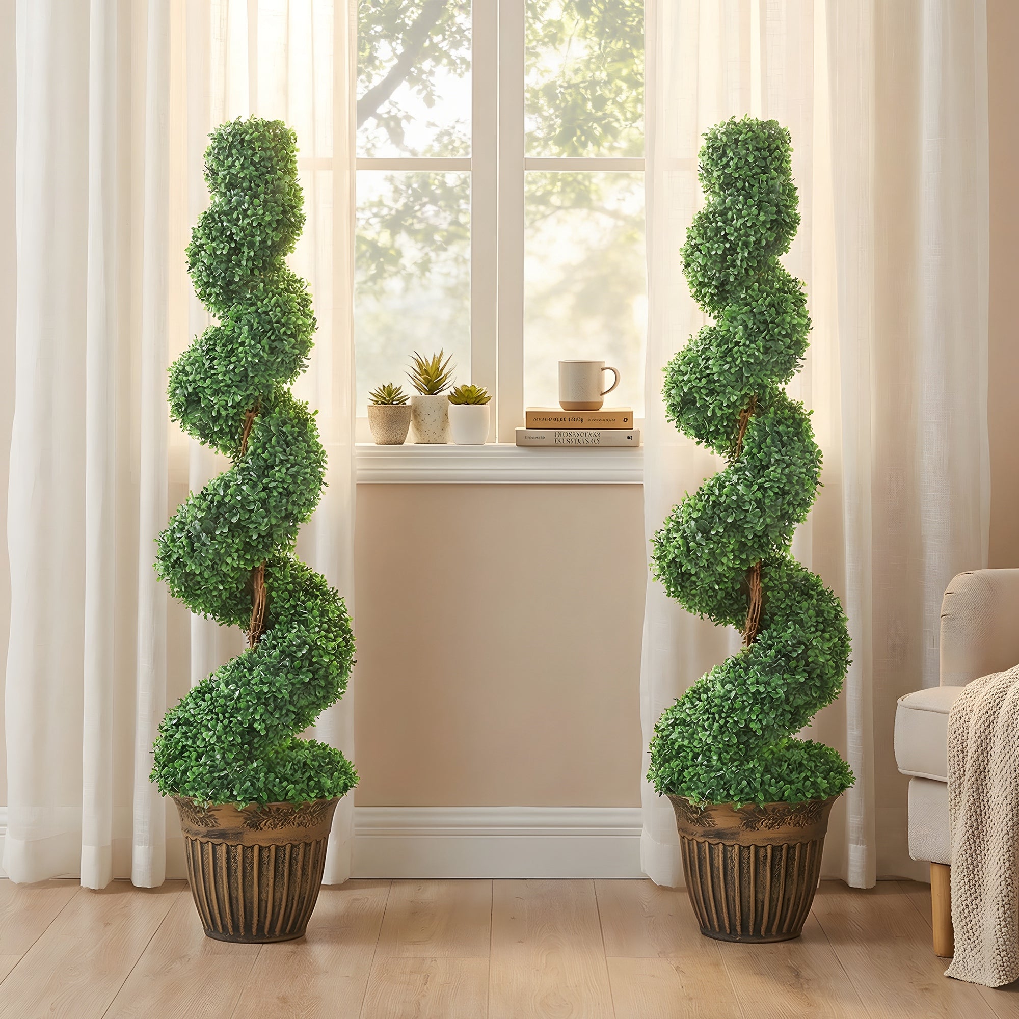 HOMCOM Set of 2 Artificial Plants, Topiary Spiral Boxwood Trees with Pot, for Home Indoor Outdoor Decor, 120cm 