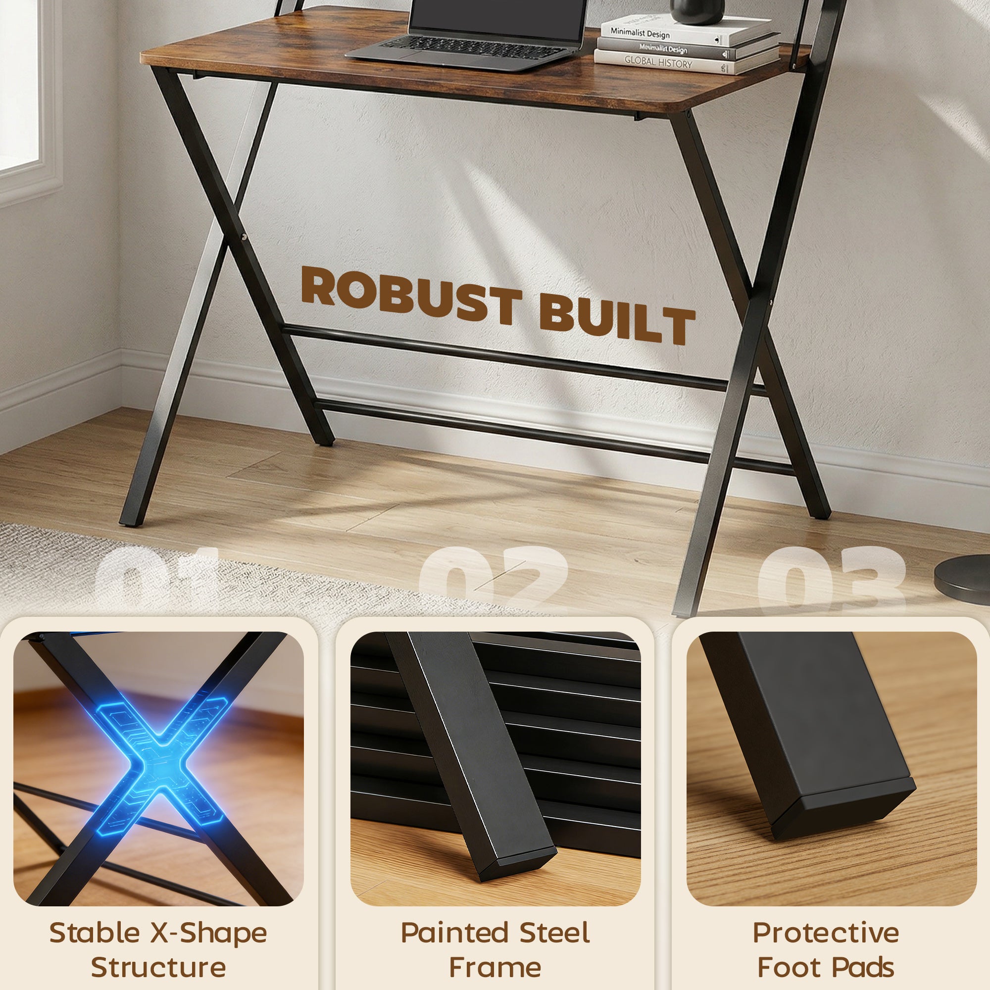 HOMCOM Compact Folding Desk for Small Spaces with Storage Shelf for Home Office, Rustic Brown 