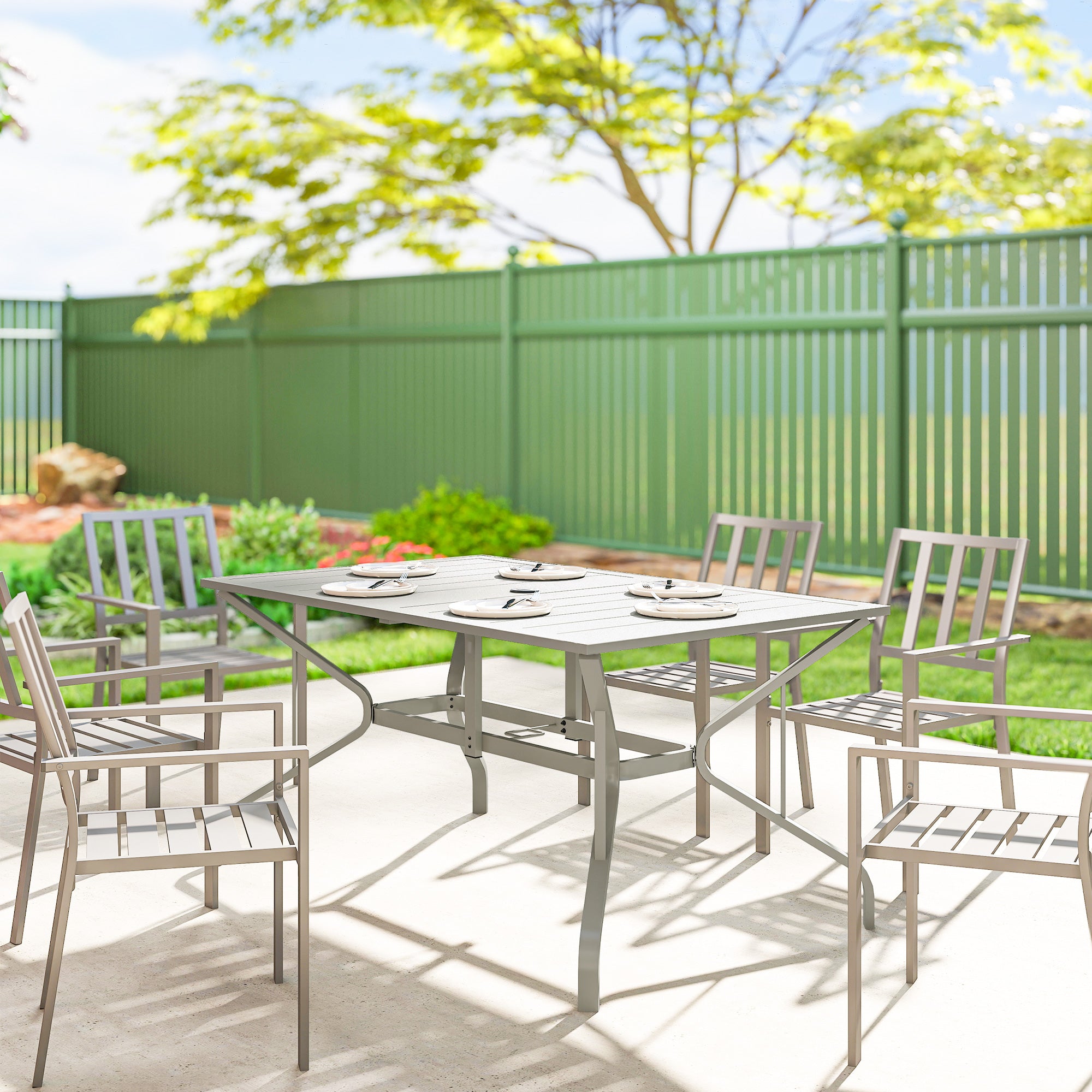 Outsunny Rectangle Garden Table with Parasol Hole, Outdoor Dining Table for 6, Patio Table for Balcony, 150cm x 90cm, Light Grey 