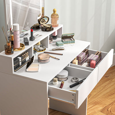 HOMCOM Dressing Table with Mirror and LED Lights, Vanity Table with 2 Drawers, 3 Compartments, 3 Colour Lighting, for Bedroom, Modern Dresser Makeup Desk for Women and Girls, White 
