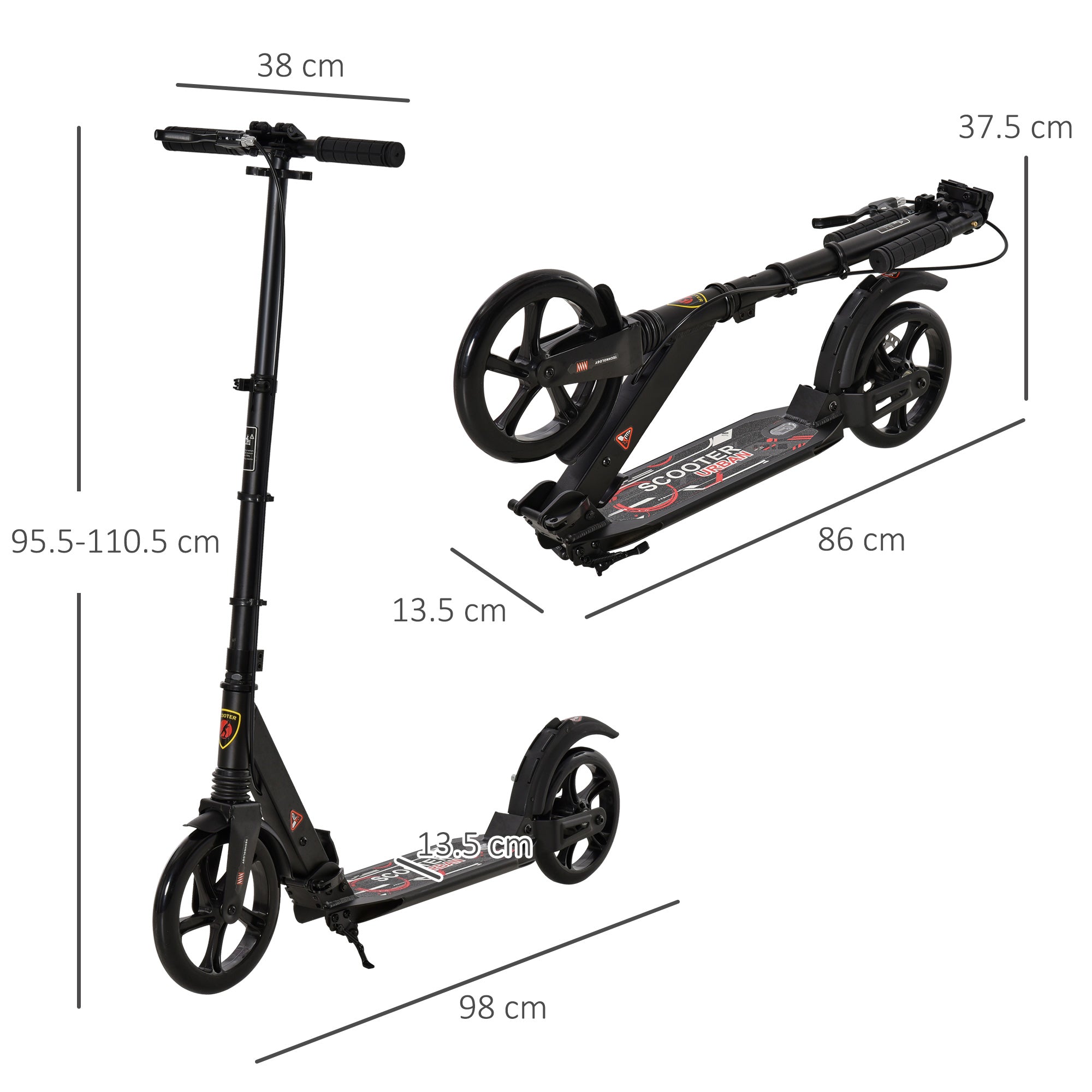 HOMCOM Kick Scooter, Folding 2 Wheel Scooter for 14+ Teens Adults, with Dual Brake System, Dual Suspension, 230mm Big Wheels, 3 Adjustable Handlebar, up to 100KG, Black 
