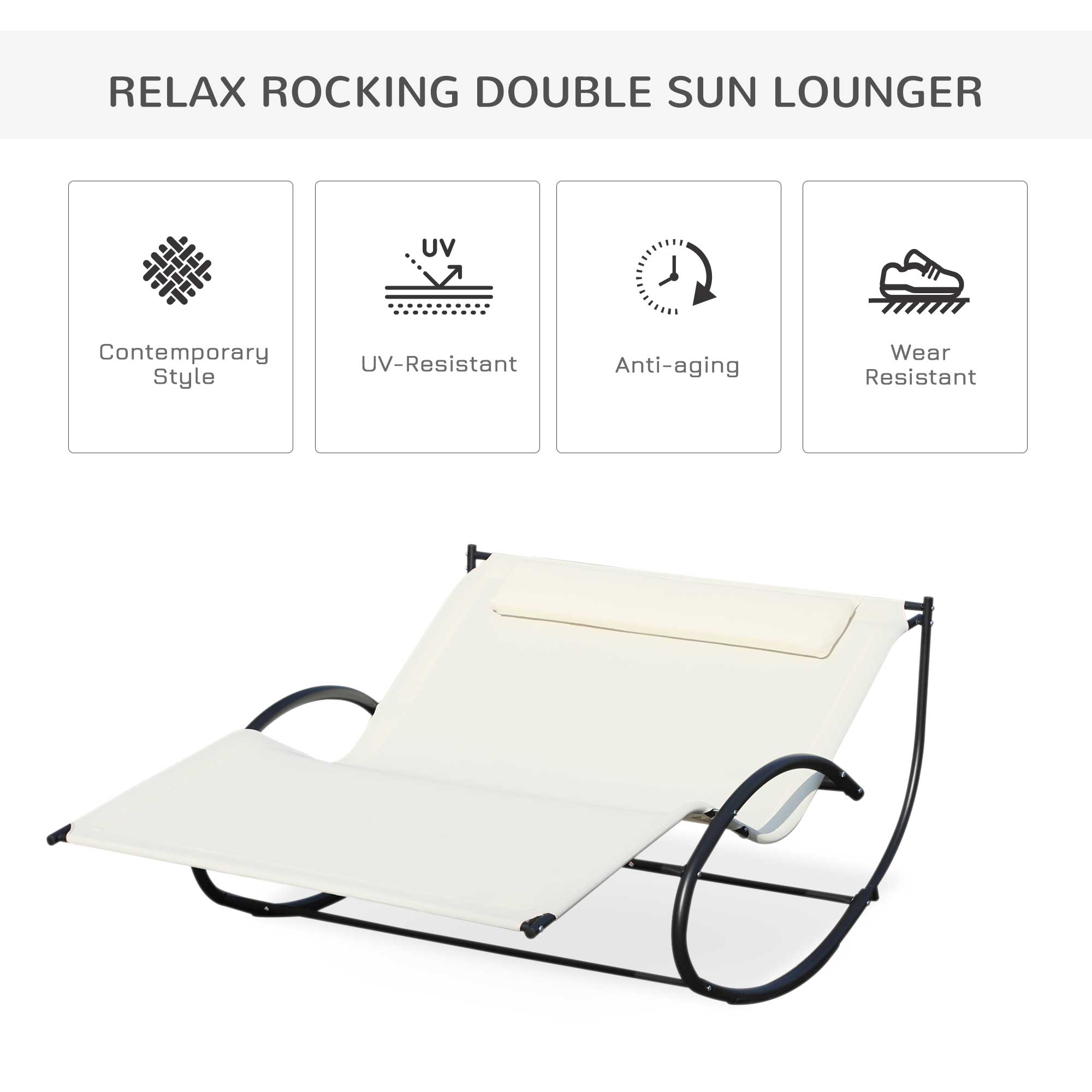 Outsunny Double Sun Lounger, Rocking Lounger Sunbed Daybed with Armrest and Headrest Pillow, for Two, For Outdoor Patio Garden, Cream White 