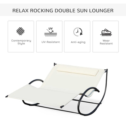 Outsunny Double Sun Lounger, Rocking Lounger Sunbed Daybed with Armrest and Headrest Pillow, for Two, For Outdoor Patio Garden, Cream White 