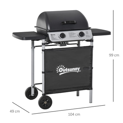 Outsunny 2 Burner Gas BBQ Trolley with Lid, 5.6 kW Gas Barbecue Grill with Wheels, Side Shelves, Black 