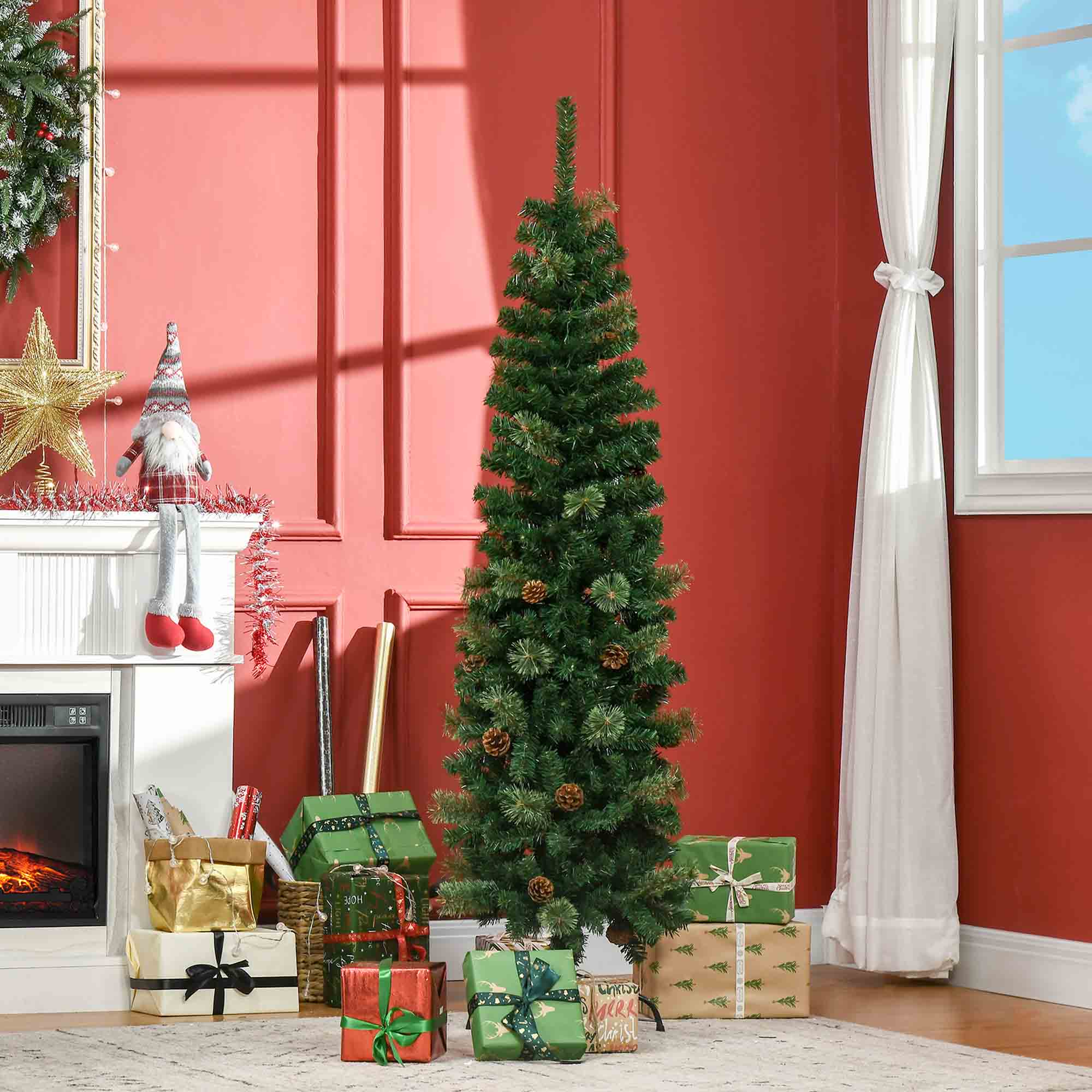 HOMCOM 5.5FT Tall\'c2\'a0Pencil Slim Artificial Christmas Tree with\'c2\'a0Realistic\'c2\'a0Branches, Tip Count and Pine Cones, Pine Needles Tree, Xmas\'c2\'a0Decoration, Green