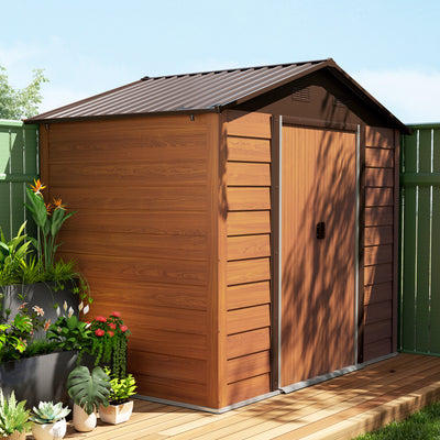 Outsunny 8 x 6ft Garden Storage Shed with Sliding Door - Brown Wood Effect 