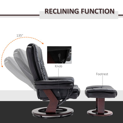 HOMCOM Manual Recliner and Footrest Set PU Leather Leisure Lounge Chair Armchair with Swivel Wood Base, Black 