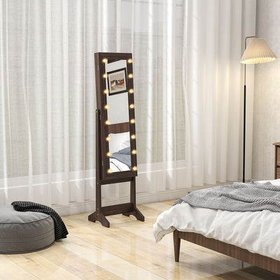 HOMCOM Free Standing Mirror Jewelry Cabinet with LED Lights, Jewellery Organiser with 3 Angle Adjustable, Full-Length Mirror with Storage for Earrings, Necklaces, Rings and Lipsticks, Dark Brown 