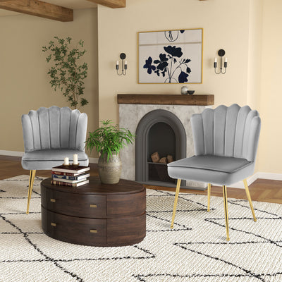 HOMCOM Shell Dining Chairs Set of 2, Upholstered Kitchen Chairs with Gold Metal Legs and Backrest, Velvet Fabric Lounge Leisure Chairs for Living Room, Reception Room, Grey 
