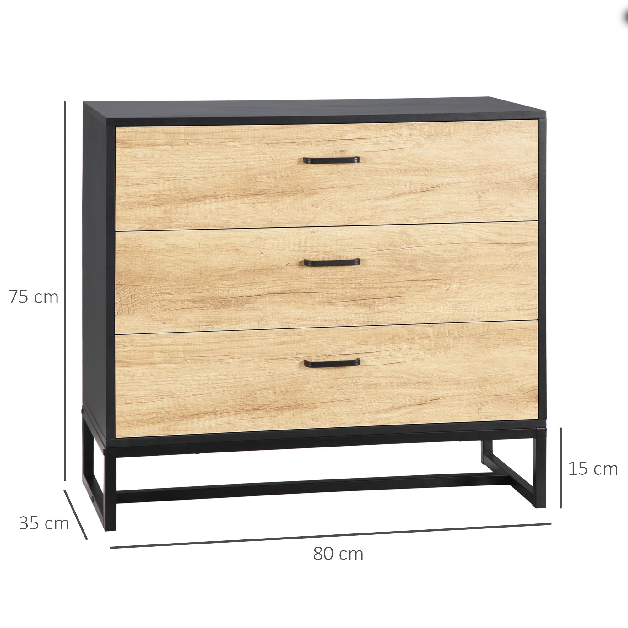 HOMCOM Drawer Chest, 3-Drawer Storage Cabinet Organiser with Steel Frame for Bedroom, Living Room, 80cmx35cmx75cm, Natural 