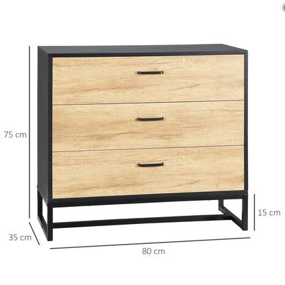 HOMCOM Drawer Chest, 3-Drawer Storage Cabinet Organiser with Steel Frame for Bedroom, Living Room, 80cmx35cmx75cm, Natural 