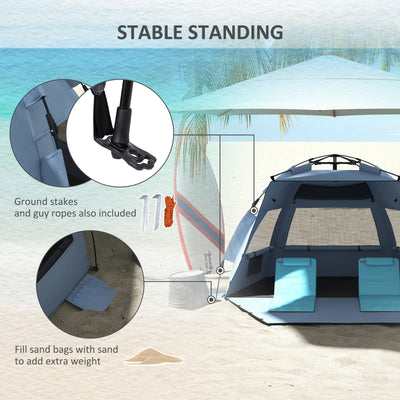 Outsunny 2-3 Person Pop Up Beach Tent, UPF15+ Sun Shelter with Extended Floor, Sandbags, Mesh Windows and Carry Bag, Light Blue 