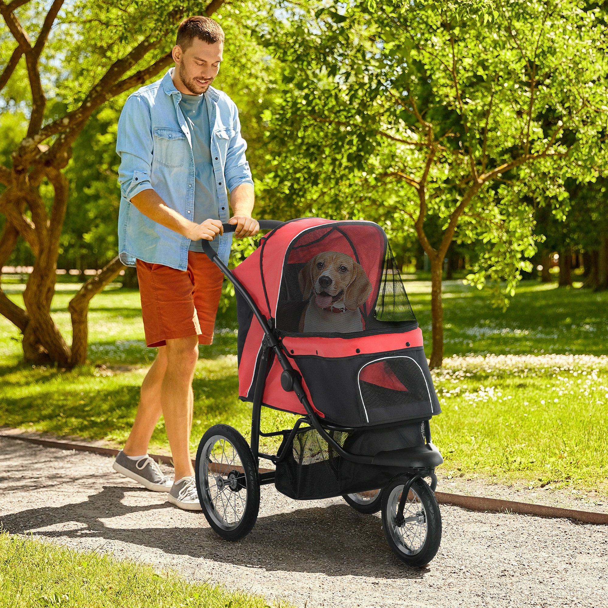 PawHut Foldable Pet Stroller with Three Wheels, for Small, Medium Dogs, Red 