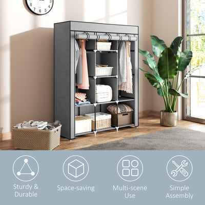 HOMCOM Fabric Wardrobe, Portable Wardrobe, Clothes Storage Unit with 8 Shelves, 2 Hanging Rods, 125 x 43 x 162.5 cm, Light Grey 