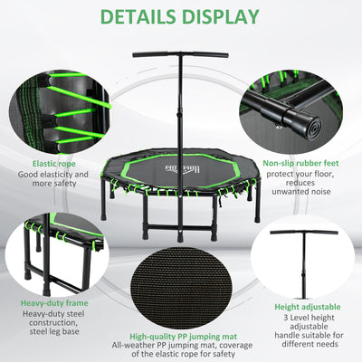 HOMCOM 48" Octagonal Mini Fitness Rebounder Trampoline Indoor Outdoor Foldable Mini Jumper with Adjustable Handle, Green 