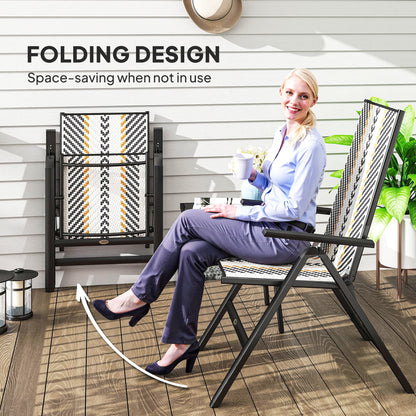 Outsunny Outdoor Rattan Folding Chair with 5-Position Adjustable Backrest, Wicker Garden Dining Chair with Wide Armrest, Set of 2 for Patio, Terrace, Balcony, Black 