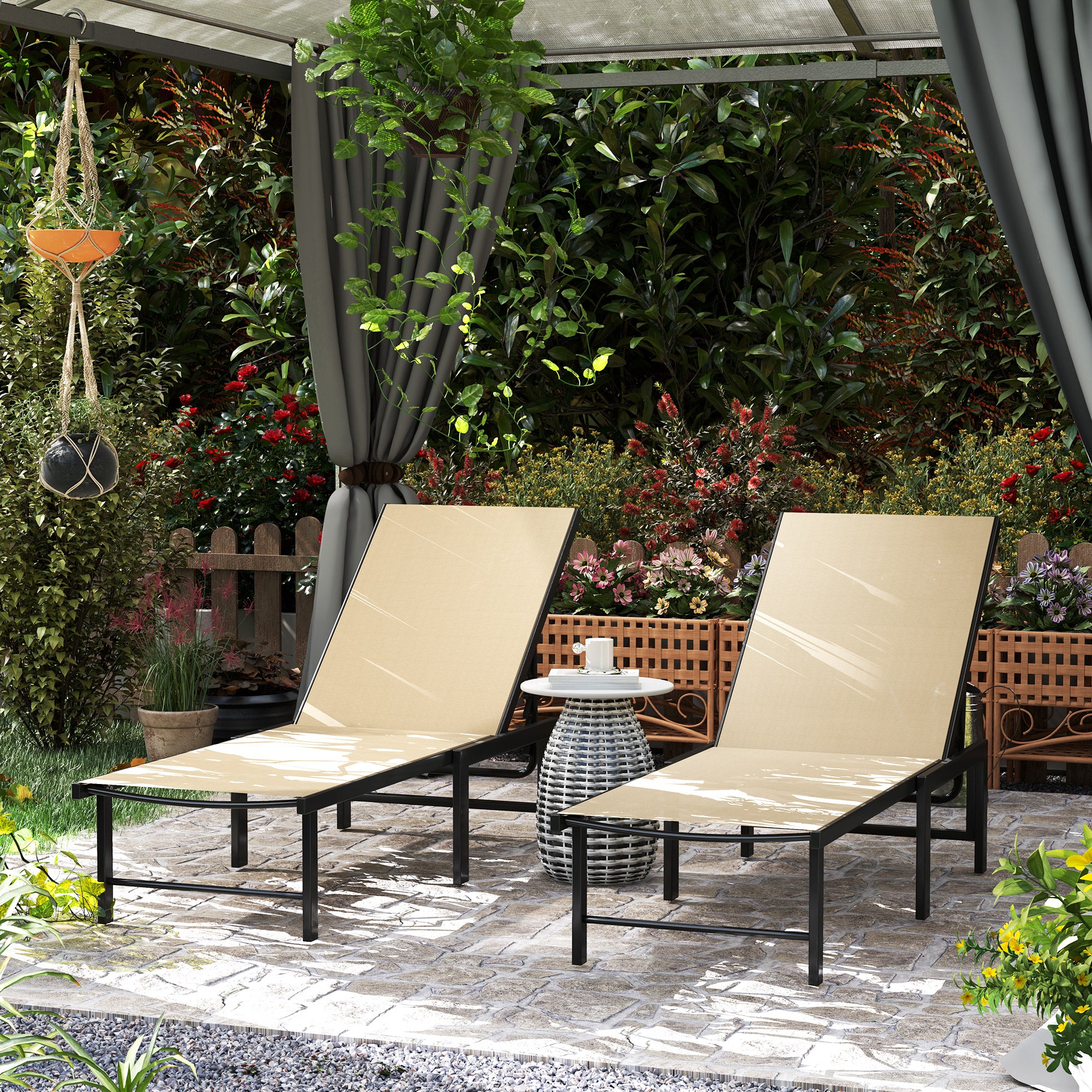 Outsunny Set of Two Reclining Sun Loungers - Khaki
