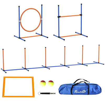 PawHut Dog Agility Training Equipment with Weave Poles, Jump Ring, Pause Box, Adjustable Hurdle, Carry Bag, Orange 