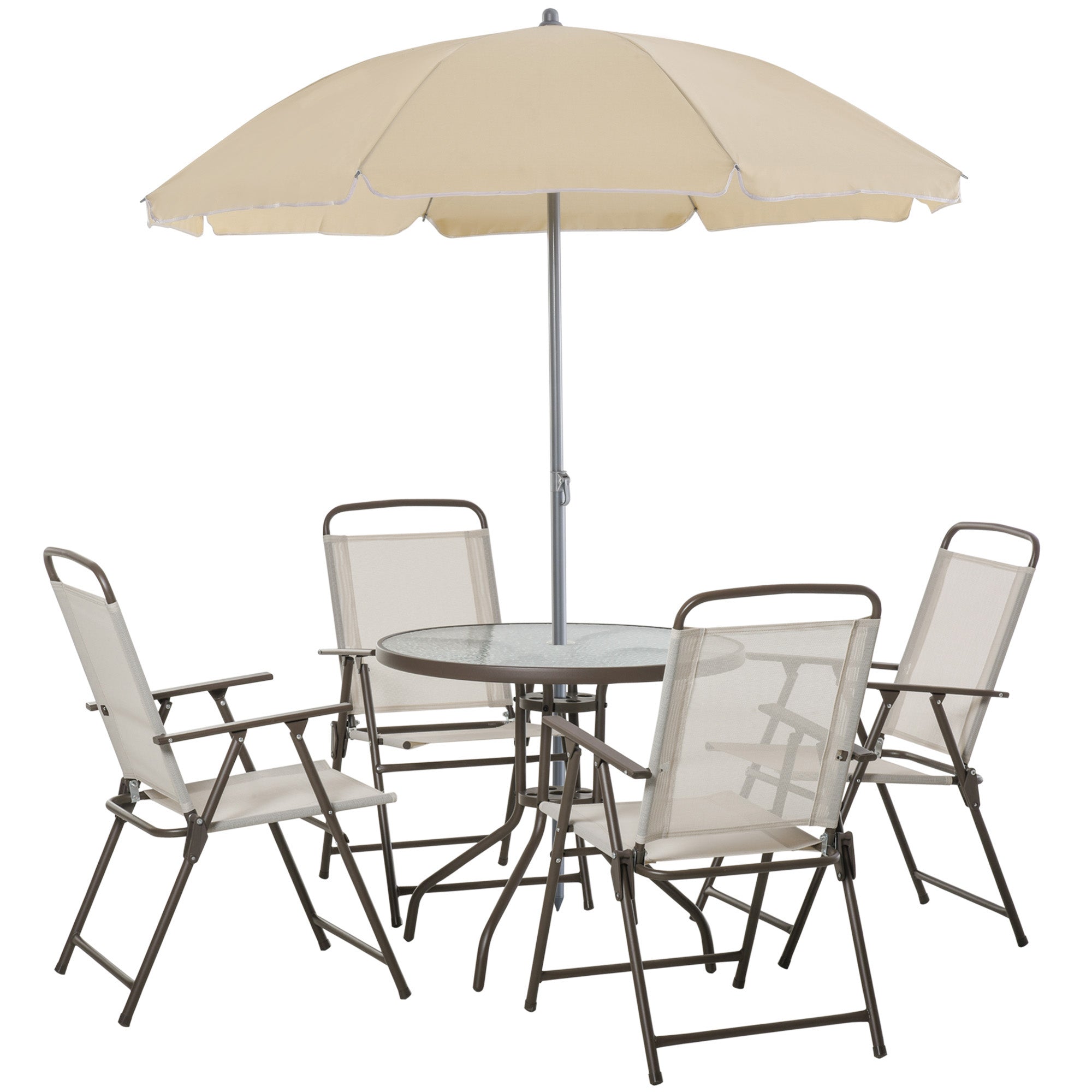 Outsunny Garden Patio Texteline Folding Chairs Plus Table and Parasol Furniture Bistro Set 6 Pieces - Coffee/Cream 