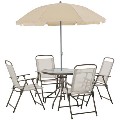 Outsunny Garden Patio Texteline Folding Chairs Plus Table and Parasol Furniture Bistro Set 6 Pieces - Coffee/Cream 