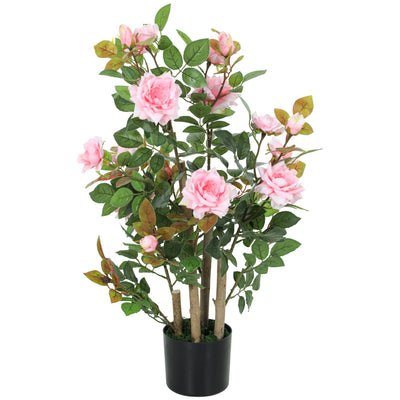 HOMCOM 90cm Artificial Rose Tree, Decorative Fake Plant with 344 Silk Leaves 17 Flowers for Outdoor Indoor Decor, Pink 