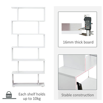HOMCOM S Shape Wooden 6-tier Bookshelf Open Concept Bookcase Storage Display Unit for Home Office Living Room, White