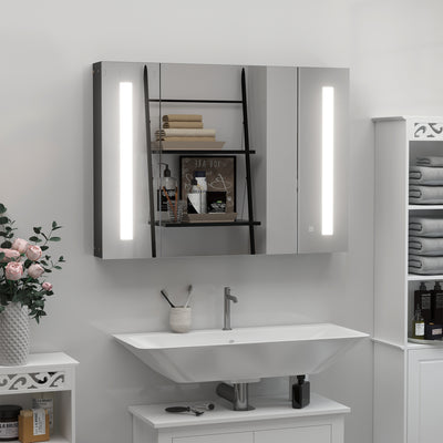 kleankin LED Bathroom Cabinet with Mirror, Wall Mounted Dimmable Brightness Storage Organiser with 3 Mirrored Doors and Adjustable Shelves, Memory Function, USB Charge, High Gloss Black 