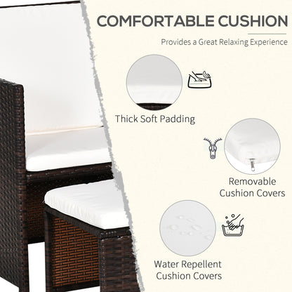 Outsunny 2 Seater Rattan Cube Garden Furniture Set, Rattan Dining Set with Cushions, Outdoor Dining Table and Chairs with 2 Armchairs, 2 Stools, Rectangular Glass Top Table for Patio, Balcony, Brown 