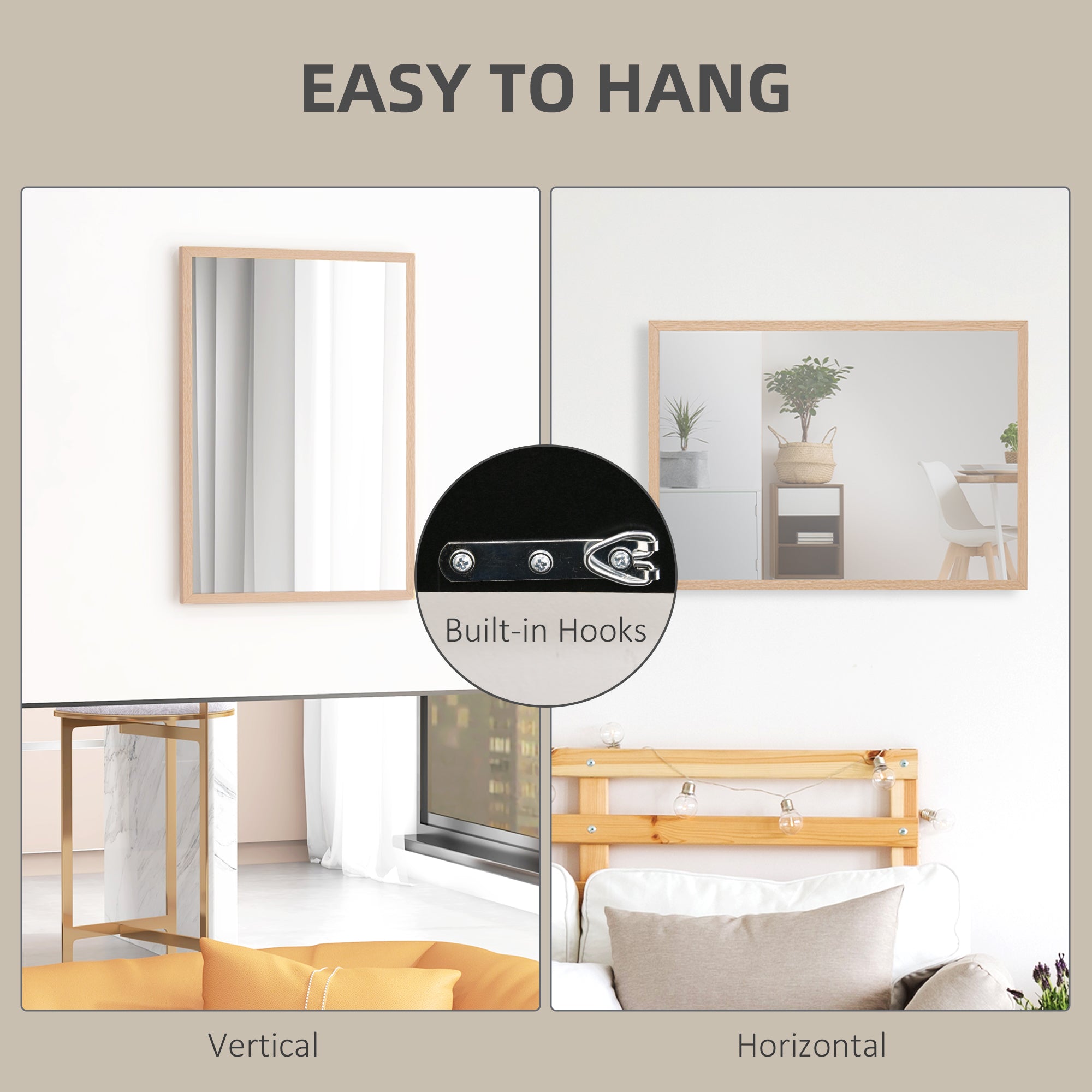 HOMCOM Wall Bathroom Mirror, 70 x 50 cm Wall-Mounted Mirror for Living Room, Bedroom, Hallway, Natural Wood 