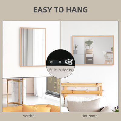 HOMCOM Wall Bathroom Mirror, 70 x 50 cm Wall-Mounted Mirror for Living Room, Bedroom, Hallway, Natural Wood 