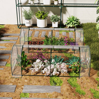 Outsunny Set of 2 Tunnel Greenhouse, Green Grow House with Roll-up Door, Steel Frame, Plastic Cover for Garden, Outdoor, 250 x 100 x 80cm, Clear 