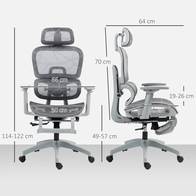 HOMCOM Executive Office Chair, Ergonomic Mesh High Back Desk Chair with Lumbar Support, Reclining Function, Swivel Computer Chair with 3D Armrest, Headrest, Footrest, Grey 