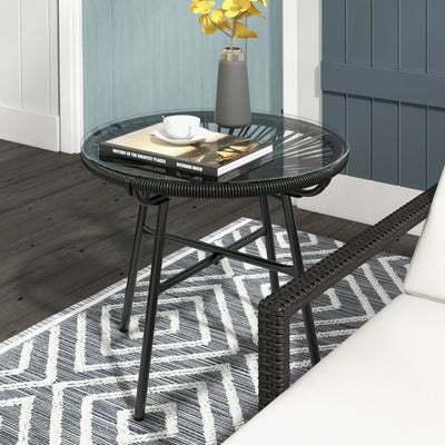 Outsunny Rattan Side Table, Round Outdoor Coffee Table, with Round PE Rattan and Tempered Glass Table Top for Patio, Garden, Balcony, Black 