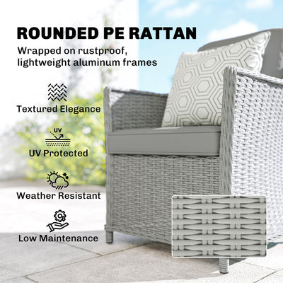 Outsunny Rattan Garden Dining Set with Turntable, Marble Effect Glass Round Garden Table and Chairs with Aluminium Frame, Grey 
