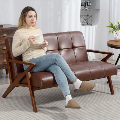 HOMCOM Compact 2 Seater Sofa, Vintage Tufted Loveseat Sofa with Solid Wood Legs, PU Leather Small Couch Settee for Living Room, Bedroom, Home Office, 133 x 81 x 78.5 cm, Brown 