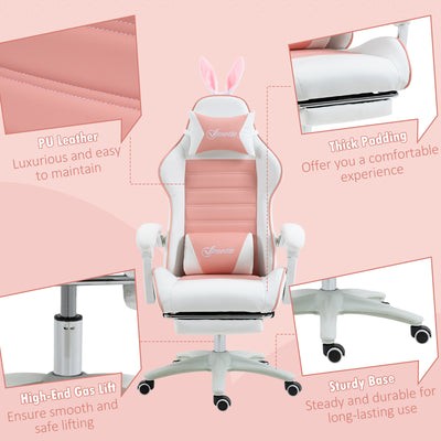 Vinsetto Racing Gaming Chair, Reclining PU Leather Computer Chair with Removable Rabbit Ears, Footrest, Headrest and Lumber Support, Pink 
