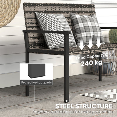Outsunny 2 Seater Rattan Garden Bench, Outdoor Bench with Quick-Drying Cotton Padding, Wicker Garden Loveseat with Armrests, Steel Frame for Patio, Park, Mixed Grey 
