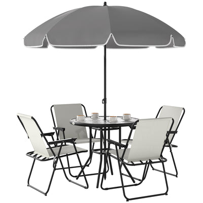 Outsunny 4 Seater Garden Furniture Set, 6 Pieces Garden Table and Chairs with Parasol, Outdoor Garden Dining Set with Folding Chairs and Round Glass Top Table for Patio, Cream White 