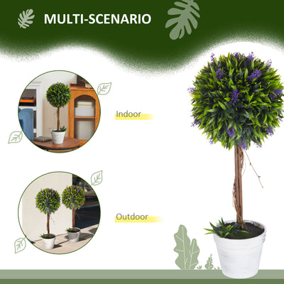 HOMCOM Set of 2 Decorative Artificial Plants Ball Trees with Lavender Flowers in Pot Fake Plants for Home Indoor Outdoor Decor, 60cm, Green 