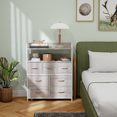 HOMCOM Rustic Chest of Seven Fabric Drawers - Natural Wood Finish 