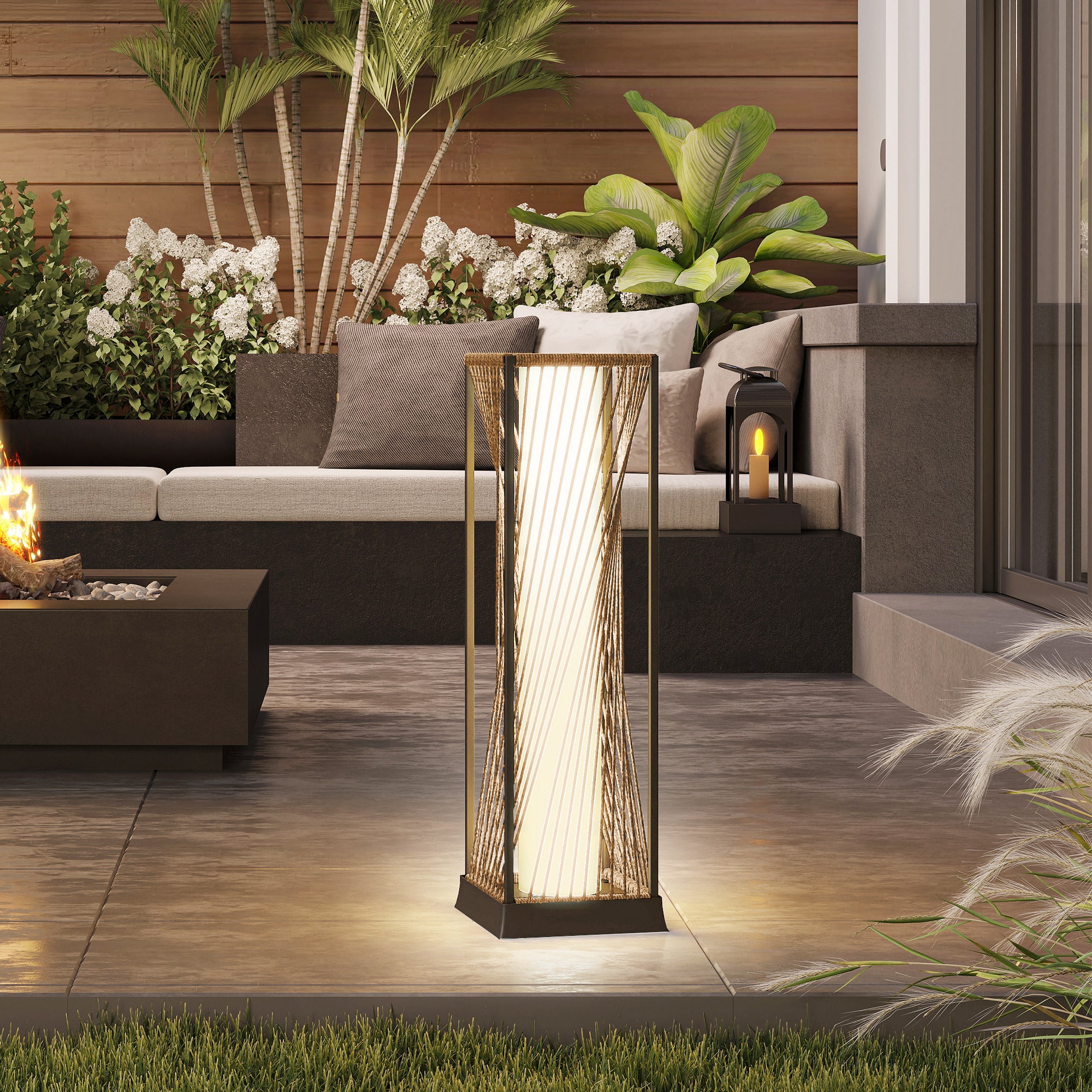 Outsunny Rattan Solar Garden Lights, Auto On/Off LED Floor Lamp, Sand Brown 
