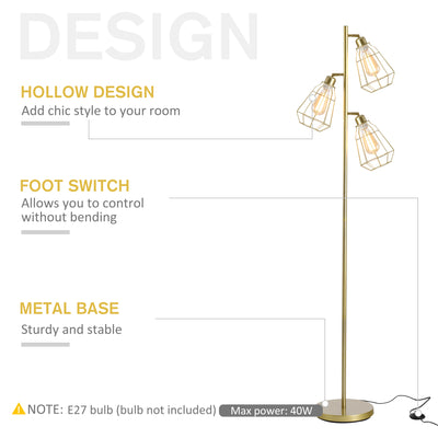 HOMCOM Retro Practical Tree Floor Lamp 3 Angle Adjustable Lampshade Steel Base for Living Room Bedroom Office Gold 165cm 