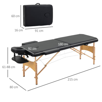 HOMCOM Portable Massage Bed, Folding Spa Beauty Massage Table with 2 Sections, Carry Bag and Wooden Frame, Black 