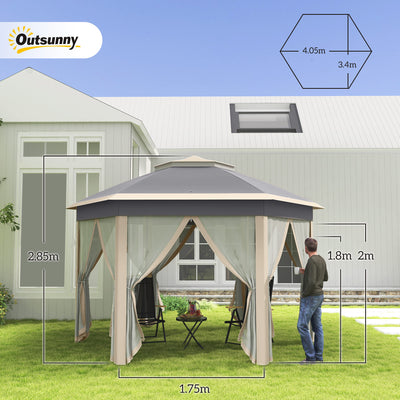Outsunny Hexagon Pop Up Gazebo Outdoor Patio Gazebo Double Roof Instant Shelter with Netting, 3 x 4m, Khaki 