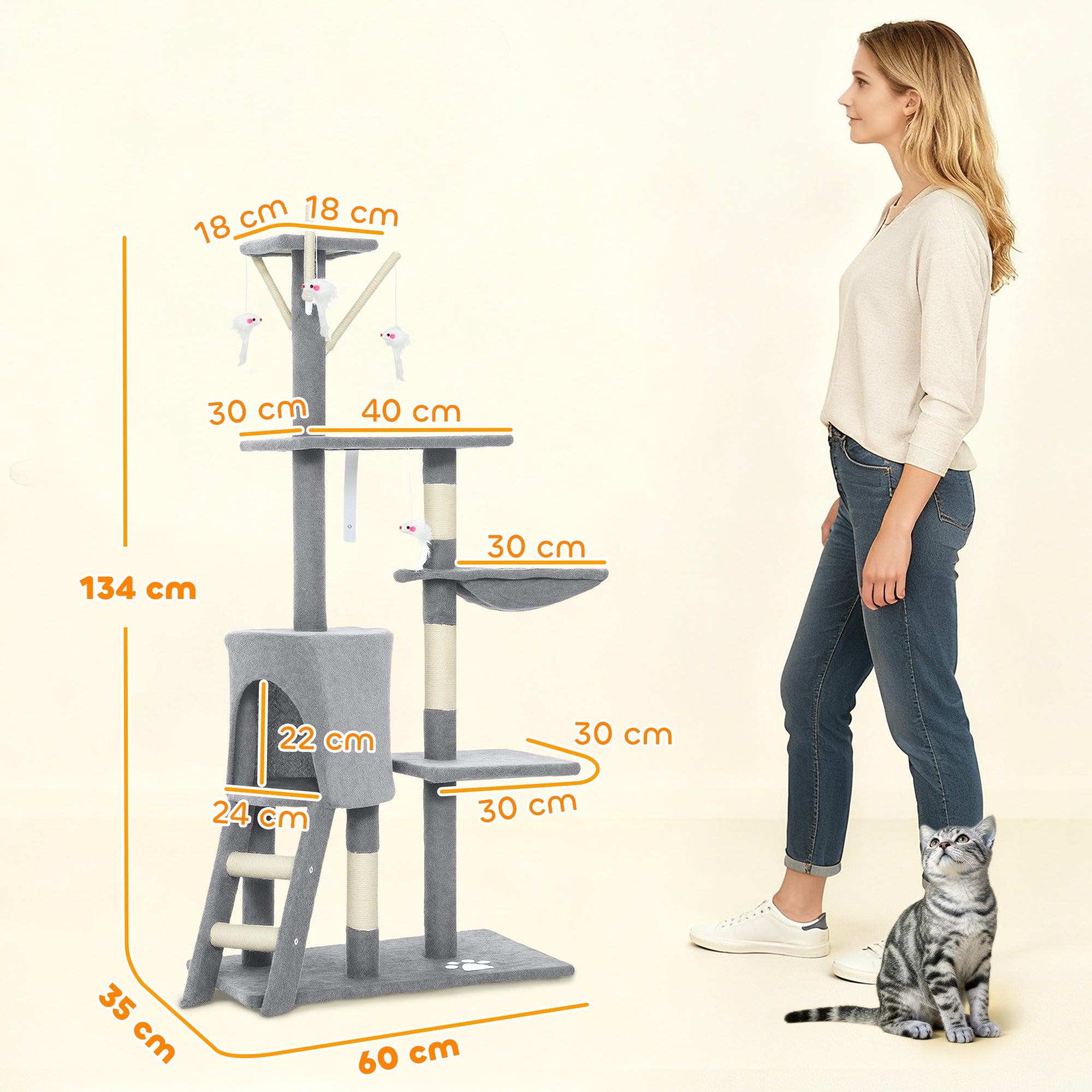 PawHut Multi-Level Cat Tower, 134cm Cat Tree with Condo and Sisal Scratching Posts for Indoor Kittens, Grey 