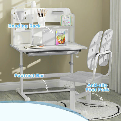 AIYAPLAY Height Adjustable Kids Desk and Chair Set, Children School Study Desk with Tiltable Desktop, Reading Rack, Grey 