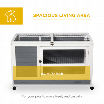 PawHut Indoor Rabbit Hutch Guinea Pig House Wooden Elevated Pet Bunny Cage with Wheels Openable Roof 102 x 60 x 63.5cm Grey 